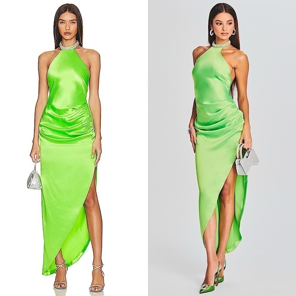 NWT RETROFETE Satin Crystal Choker Halter Sleeveless Ruched Open Back Gown L‎